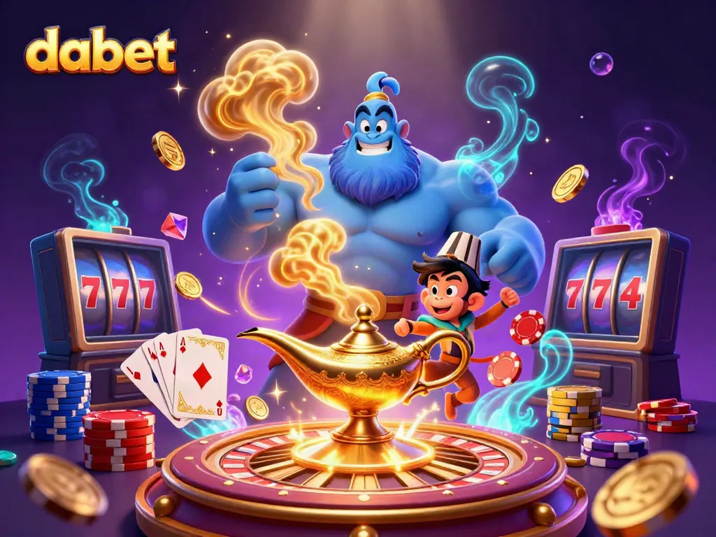 DABET genie revealing exciting games with poker chips, golden coins, and vibrant casino elements.