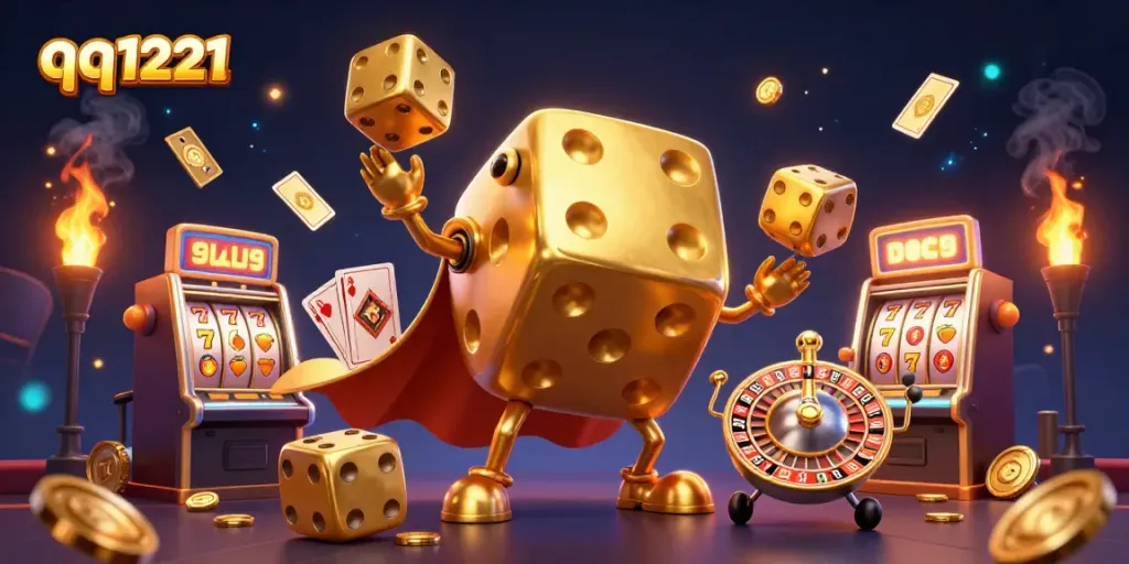 Experience thrilling wins at qq1221 with our lively casino illustration featuring golden dice and slot elements.