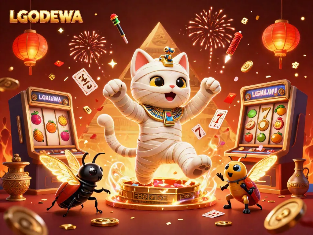 Engage with LGODEWA: 3D illustration showcasing a mummy cat and casino-themed elements.