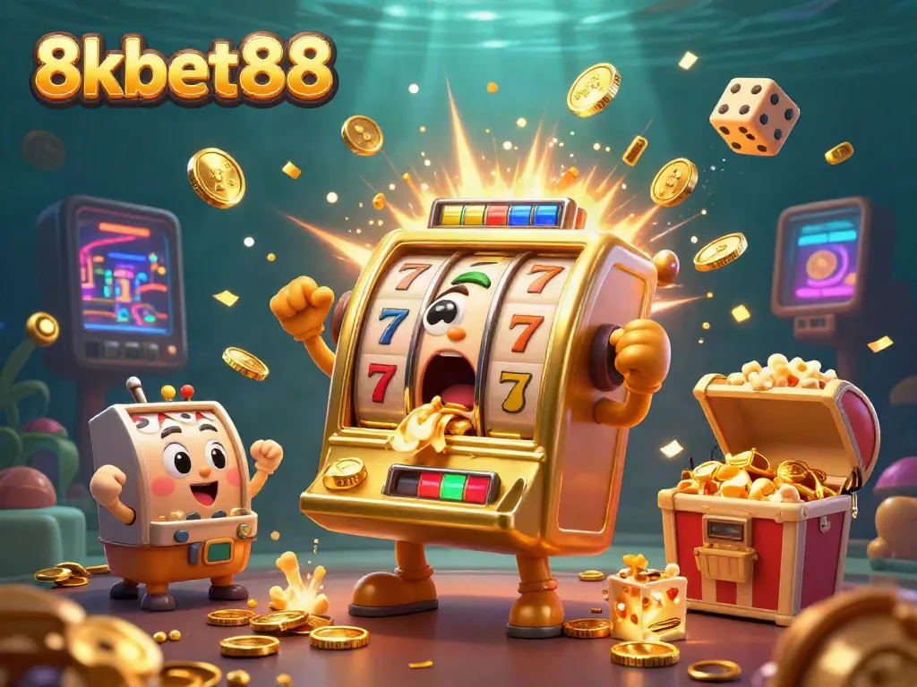 8xbet88 gamblers celebrate a jackpot with gold coins from the lucky slot machine.