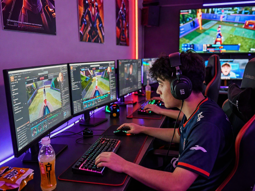 Gamer engaged in go8 competitive streaming setup with vibrant gear and dual monitors