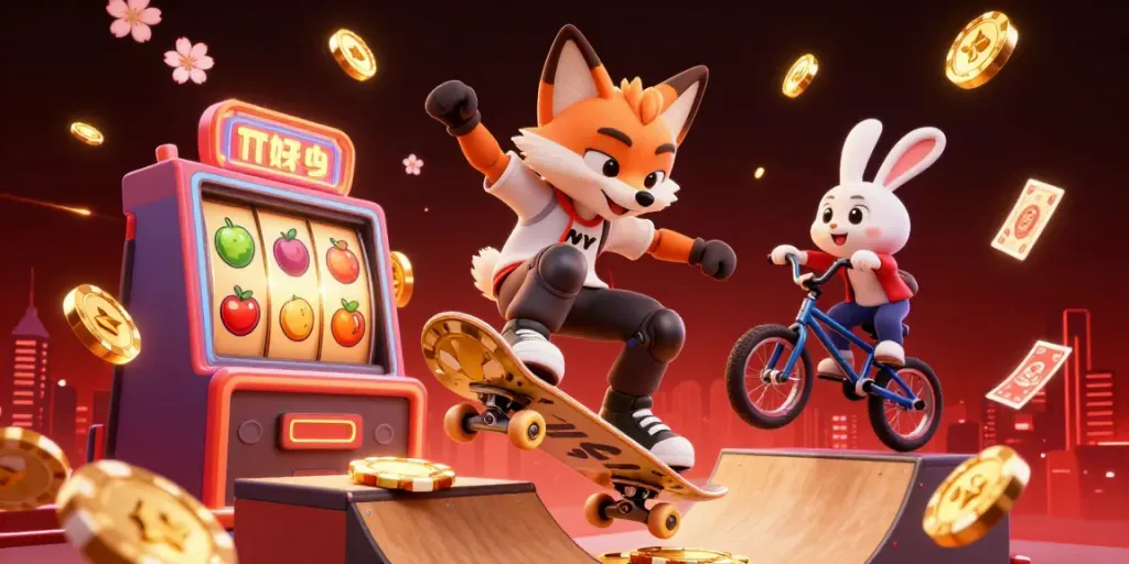RP55 depicts a thrilling scene with a cartoon fox skateboarder and a BMX rabbit in a vibrant casino, surrounded by flying slot reels.
