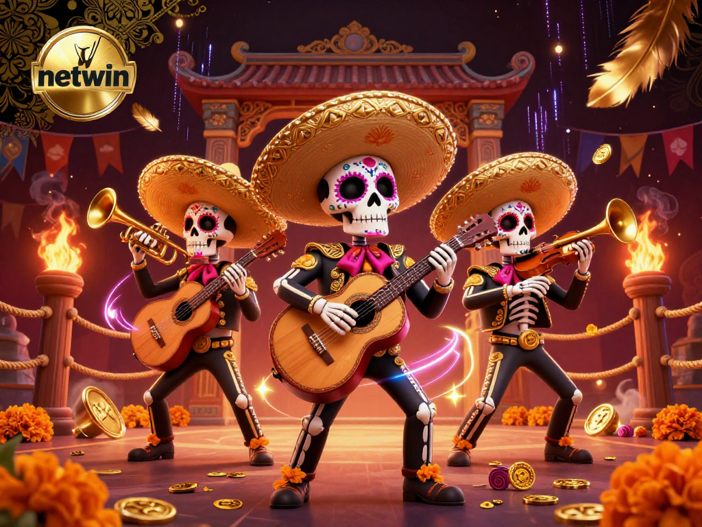 Experience thrilling gameplay at netwin with vibrant 3D mariachi characters amidst casino elements.