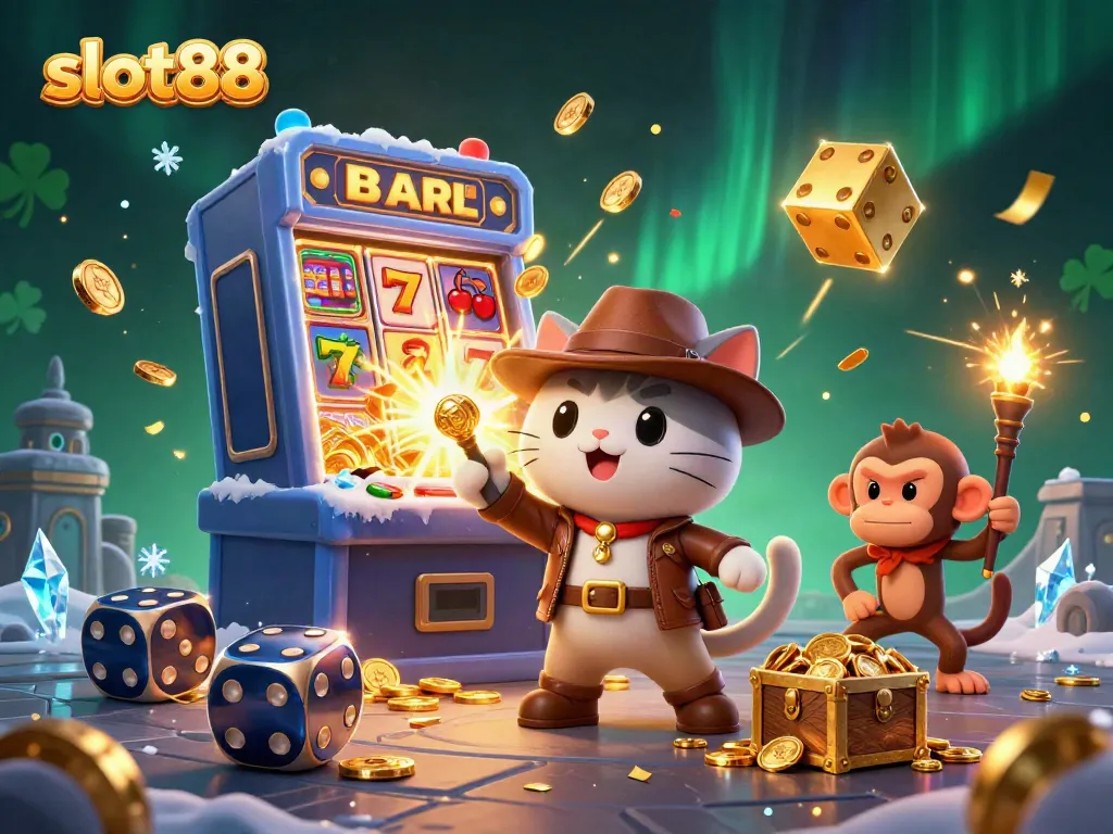 Bermain slot88 dengan karakter kartun kucing arkeolog dan teman monyet yang penuh petualangan di latar belakang kasino.