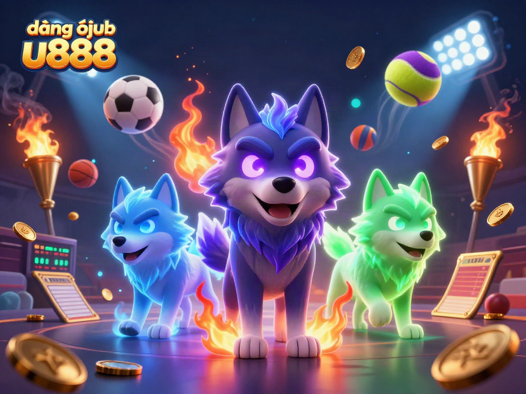 Engage in thrilling gameplay with đăng nhập u888 showcasing vibrant 3D wolves and dynamic sports betting elements.
