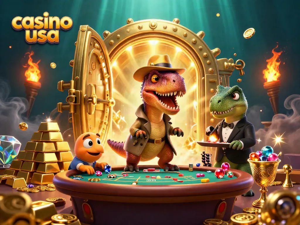 Experience casino usa action with a velociraptor at a blackjack table amidst treasure.