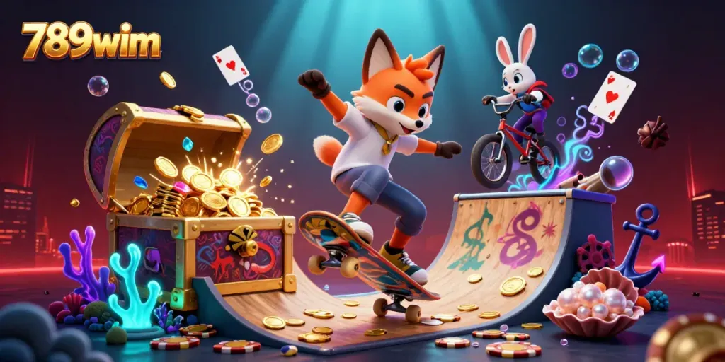 Experience the excitement with 789wim featuring animated casino-themed characters and vibrant game elements.