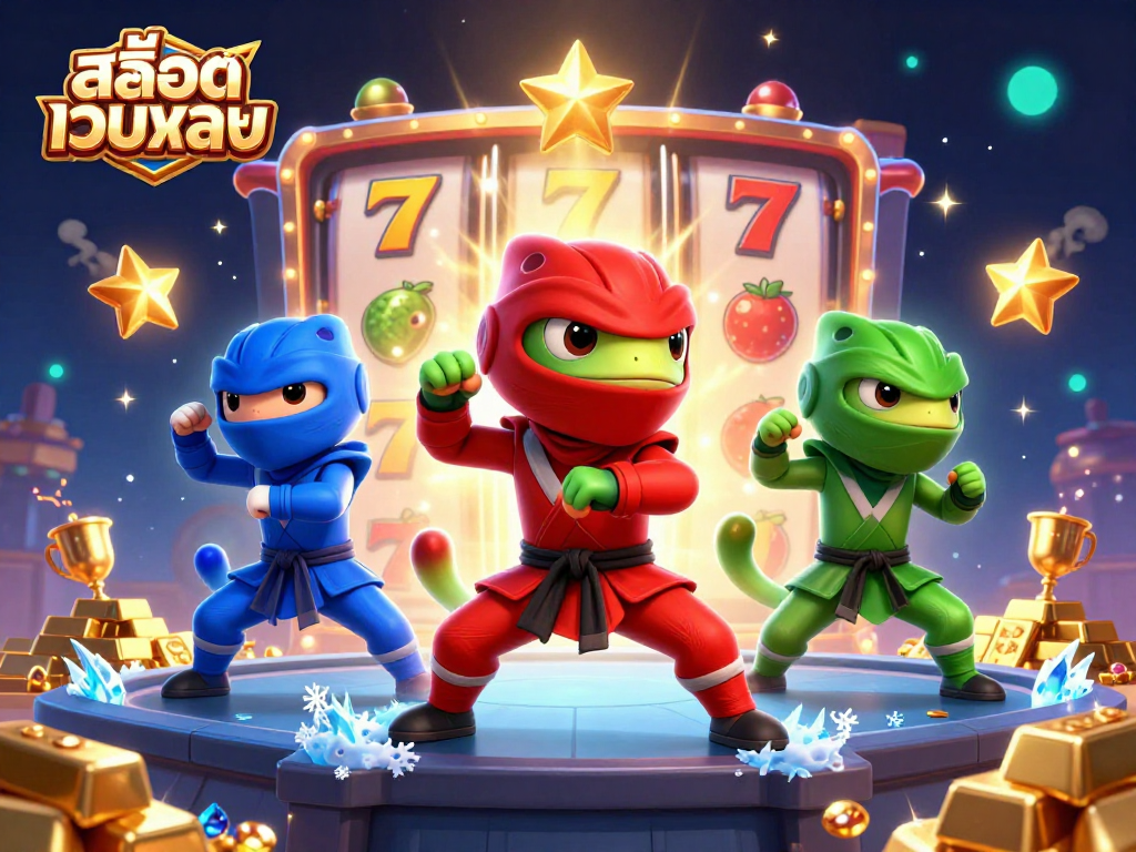 Slot machine action featuring สล็อตเว็บตรง chameleon ninjas amidst a colorful casino backdrop.