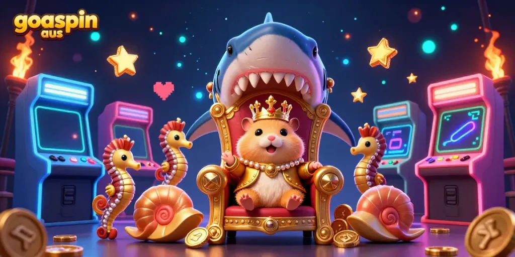 Experience the thrill at goospin aus with vibrant gaming elements featuring a golden hamster king and arcade machines.