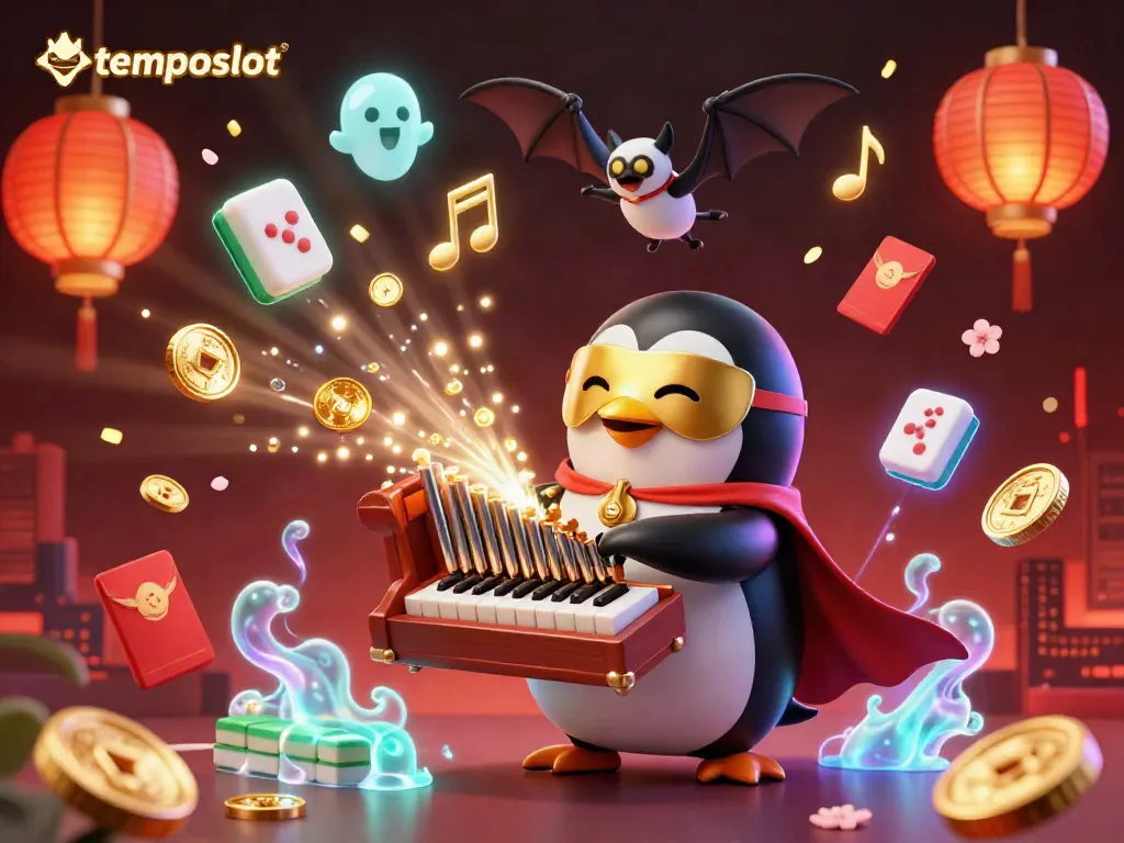 Engage in the mesmerizing world of temposlot with a vibrant 3D scene showcasing a phantom penguin and dynamic gaming elements.