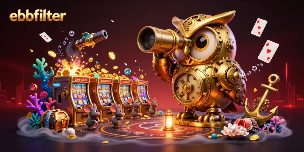 Experience the thrill of gaming with ebbfilter's dynamic casino scene featuring a golden owl and vibrant slot machines.