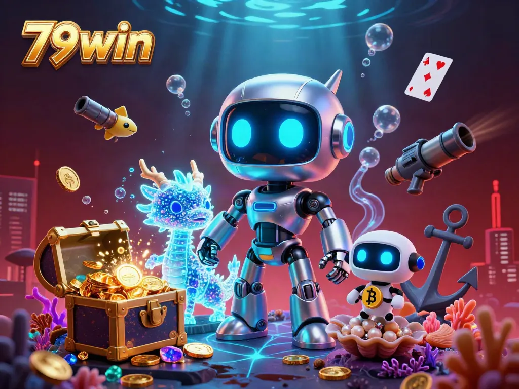 Experience thrilling underwater adventure with 79win as colorful treasures and characters come alive in a vibrant casino-themed illustration.