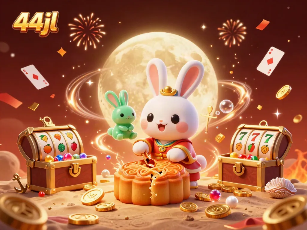 Experience thrilling slots action with 44jl's moon rabbit cracking mooncakes revealing poker chips.