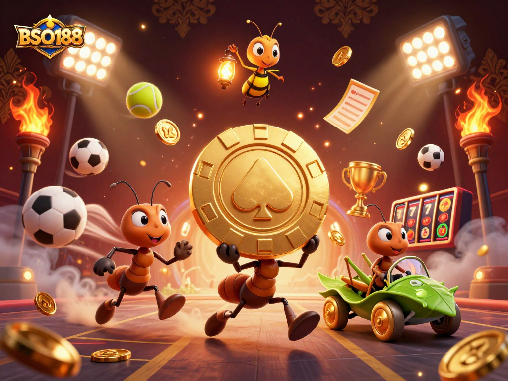Experience the excitement of BSO188 with ants carrying a giant poker chip in this thrilling casino scene.