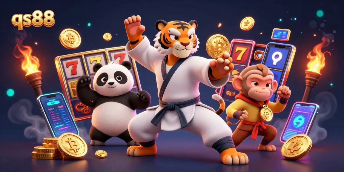 Experience thrilling gaming action on qs88 with cartoon characters amidst lively slot machine elements.