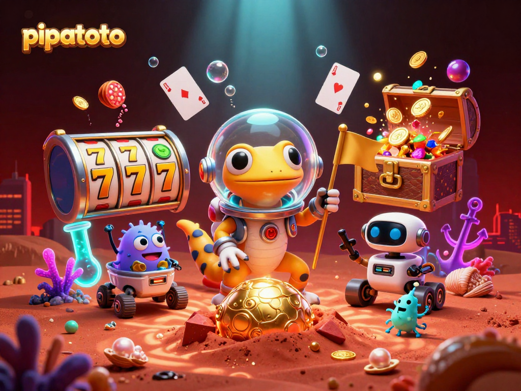Pipatoto showcases a vibrant casino scene with Martian characters celebrating a jackpot amidst colorful slot elements.