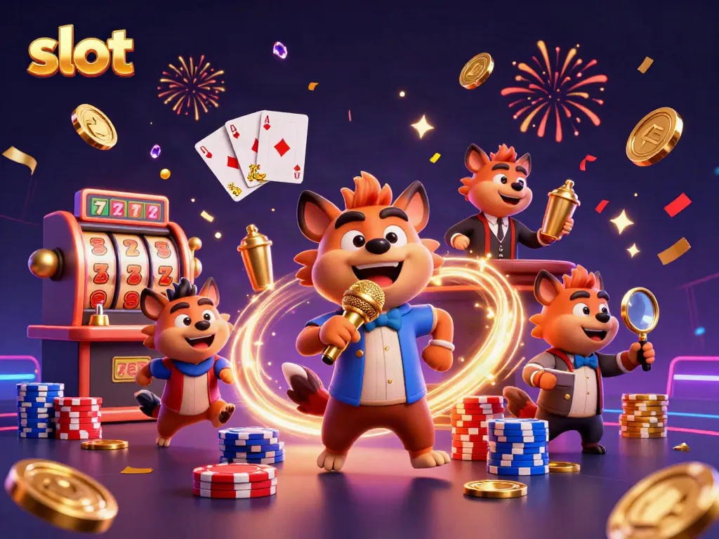 Hyenas performing in a vibrant casino scene with slot machines, gold coins, and sparkling gems.