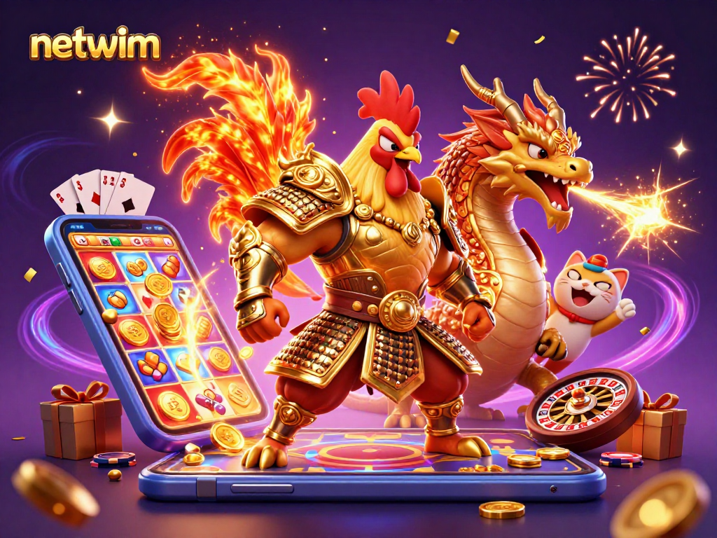 Experience thrilling gameplay with netwim as a fierce rooster warrior and dragon hatchling celebrate wins.