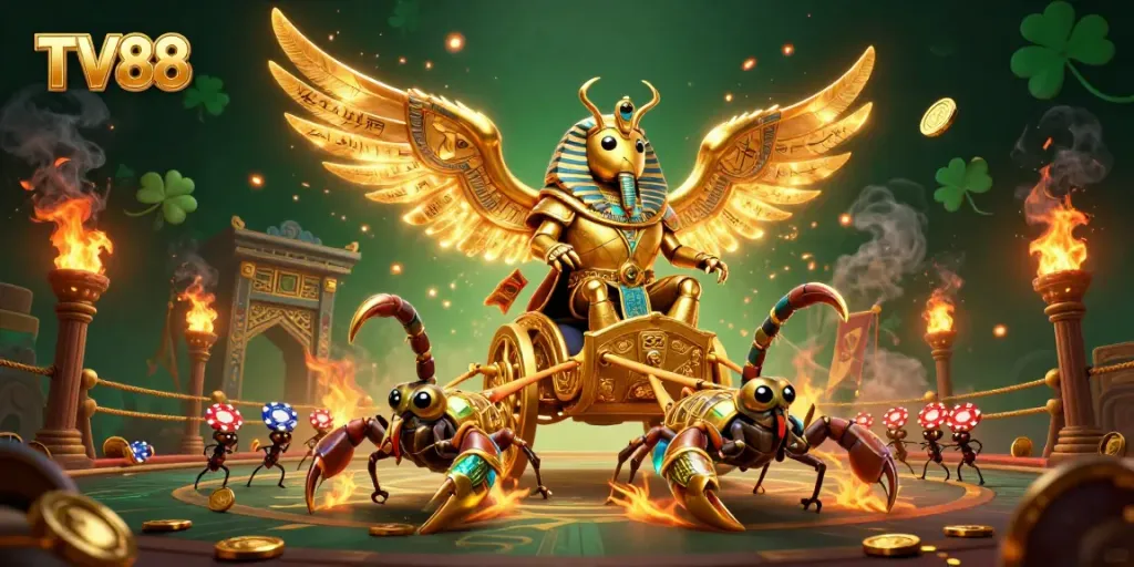 Experience thrilling gaming at TV88 with golden scarabs and vibrant casino scenes