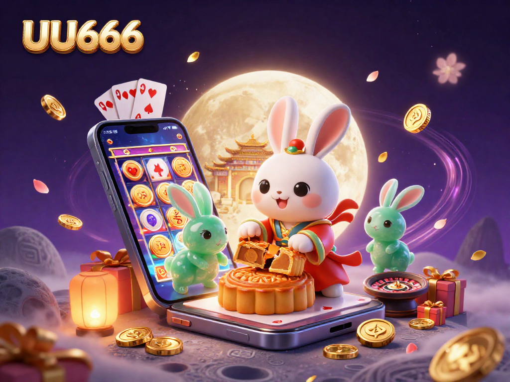 UU666 casino scene depicting a moon rabbit and jade companion surrounded by gaming elements.