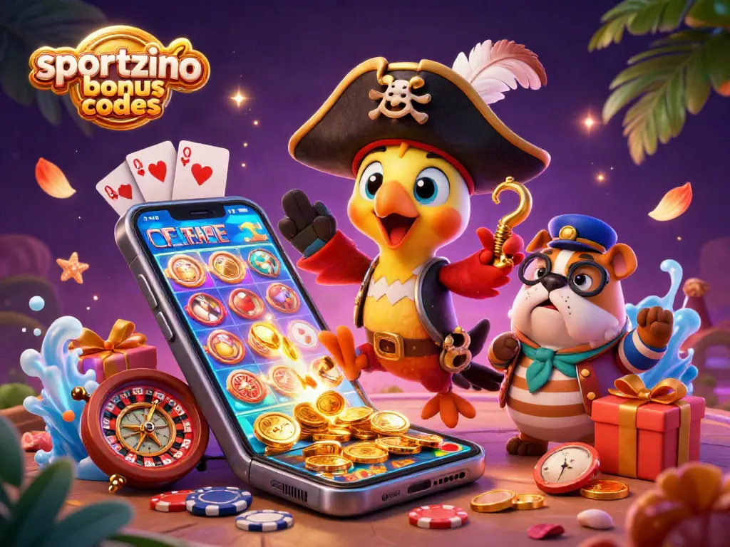Experience the excitement of sportzino bonus codes with vibrant slot gaming, pirate characters, and prizes around.
