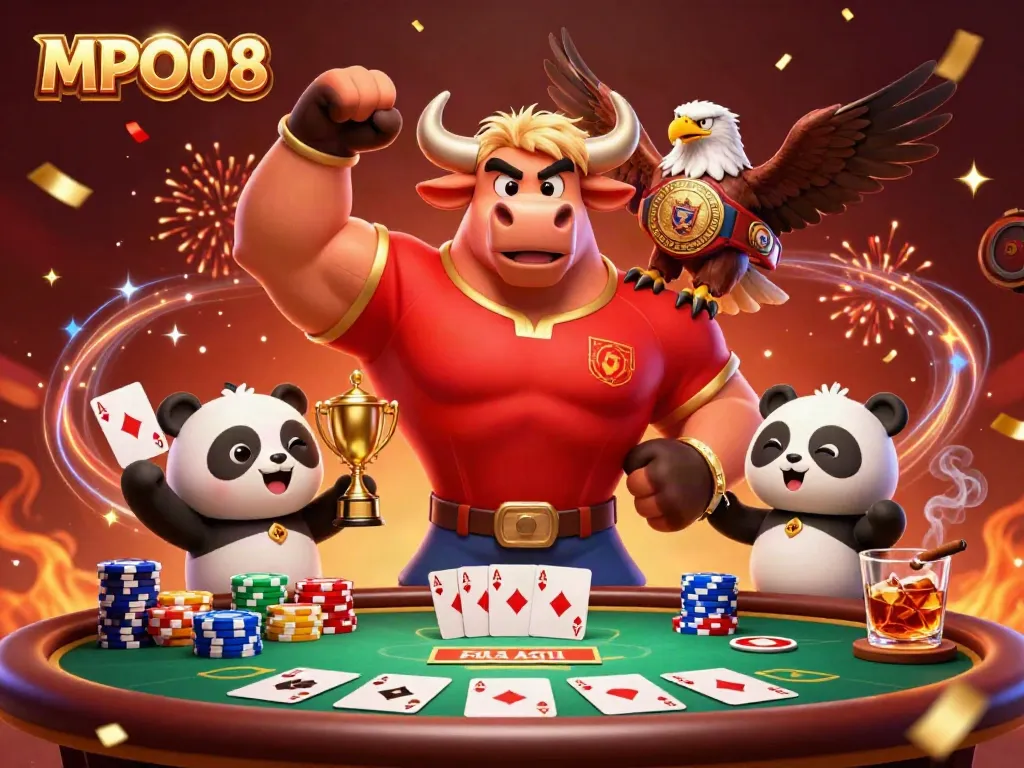 Experience the excitement of MPO08 with a triumphant bull, eagle, and panda celebrating poker victories.