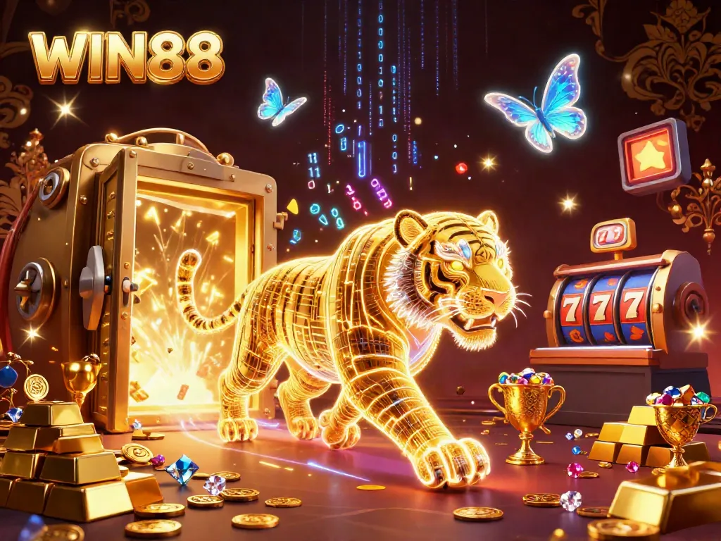 Experience the excitement of WIN88 in a vibrant casino scene with a golden tiger and slot reels.