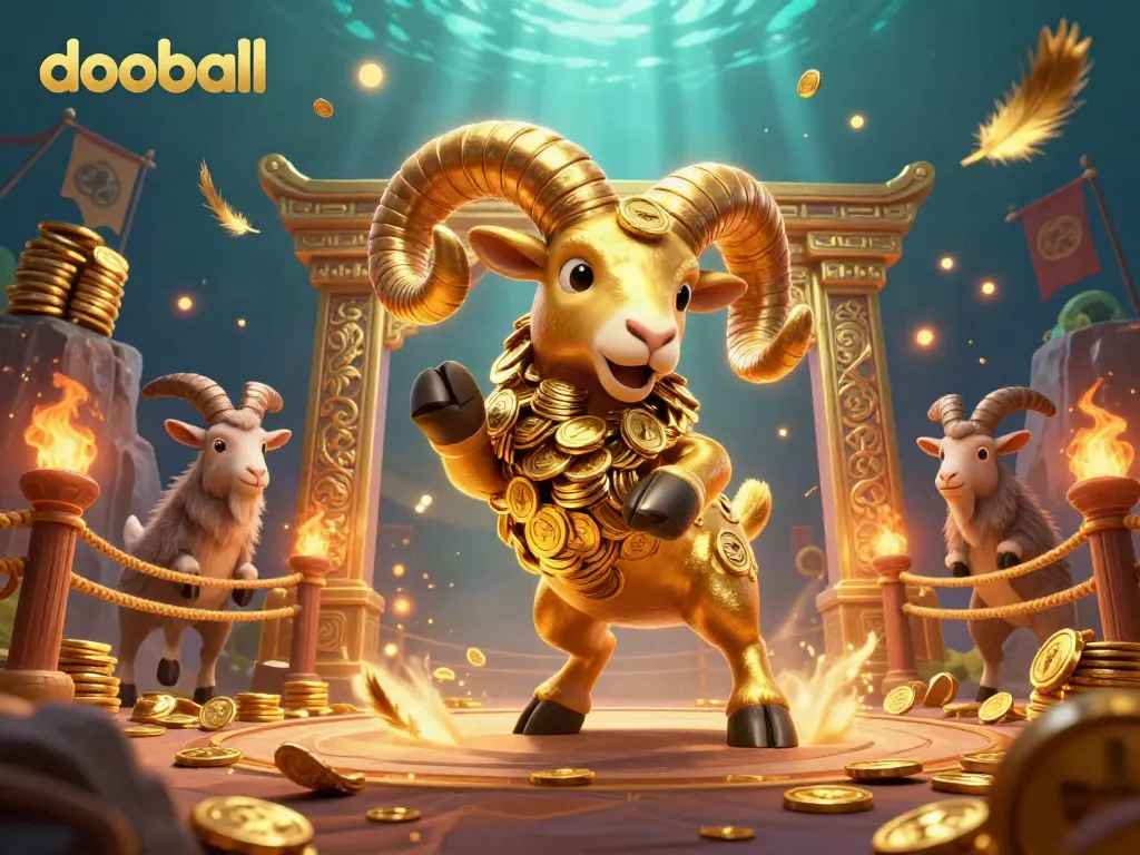 Experience dooball excitement with a dynamic cartoon scene of a golden ram charging through a golden gate, cheer from chip stacks.