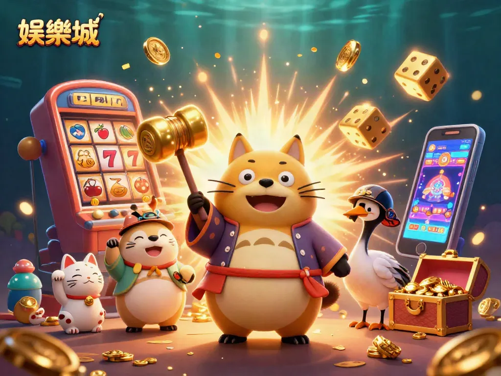 參與娛樂城的3D卡通圖像,包含可愛的狸貓、穿著傳統服裝及金色敲擊鎚,搭配吉祥物貓和多樣的遊戲元素