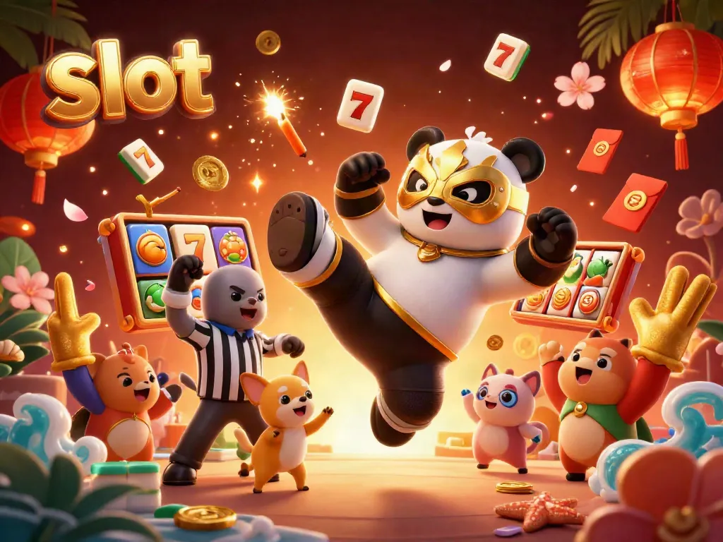 Experience energetic slot action with a wrestling panda and cheering spectators in a vibrant casino scene.