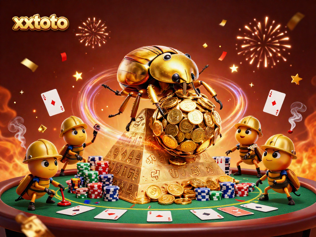 xxtoto menampilkan kejuaraan poker dengan karakter kumbang emas dan simbol kasino bersejarah.