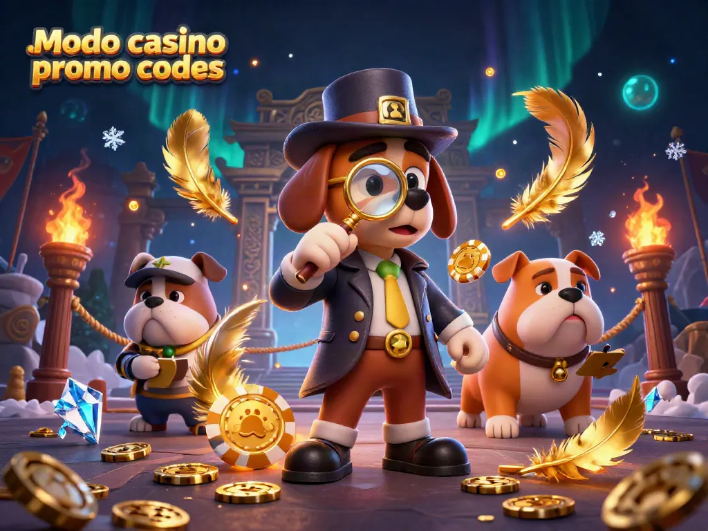 Explore Modo Casino promo codes with a detective dog investigating poker chip clues amidst a vibrant casino scene.