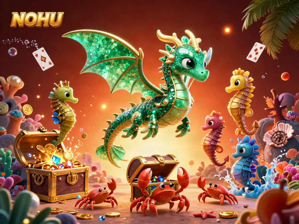 Engaging gameplay at NOHU with a stunning sea dragon, gold chest, and vibrant casino elements.