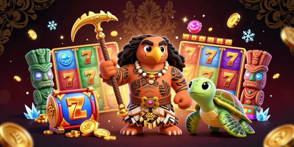 Engage with S8's thrilling slot game experience depicted by a demigod hawk and turtle in an animated casino setting.