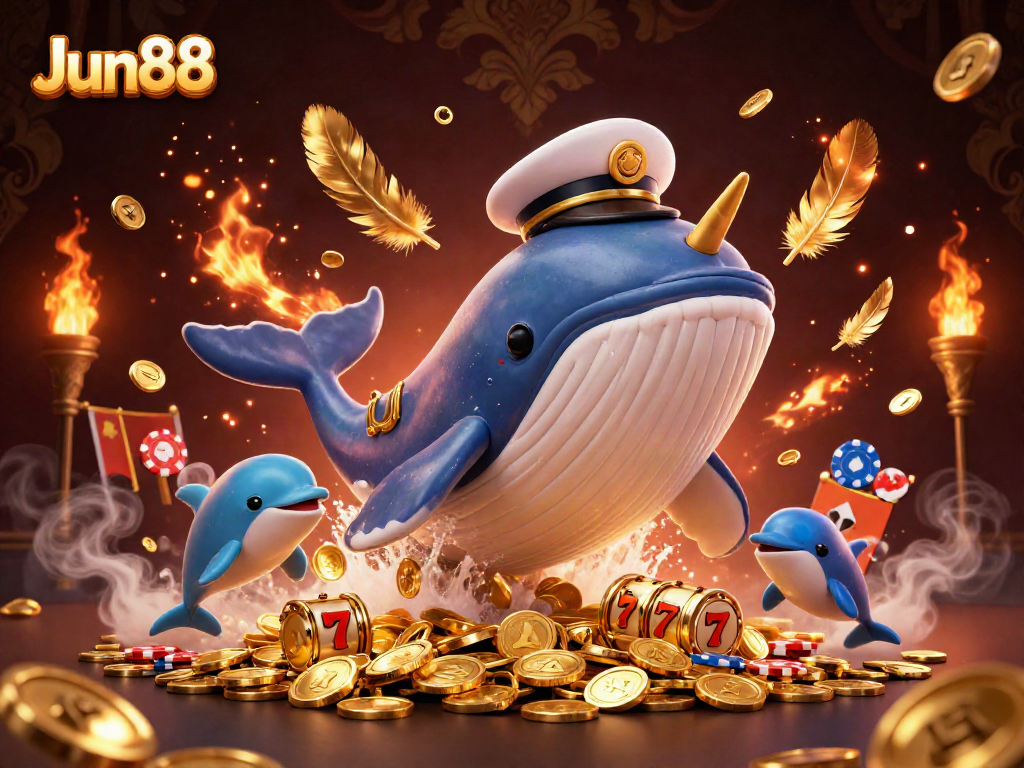 Jun88 showcases a lively 3D illustration with a whale and casino elements celebrating gaming.