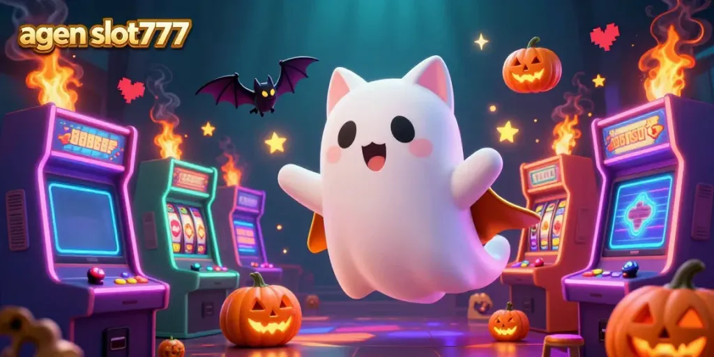 Play thrilling games at agen slot777 surrounded by enchanting characters in a vibrant slot machine arcade.