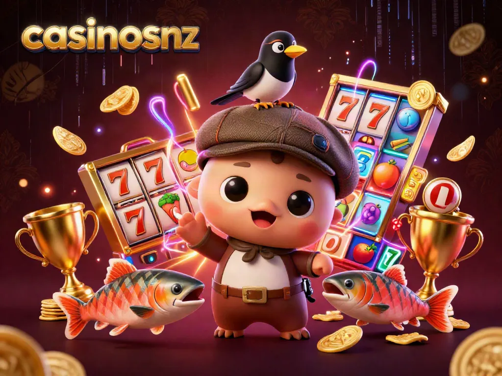 Experience immersive fun at casinosnz with playful cartoon characters, slot games, and vibrant action.
