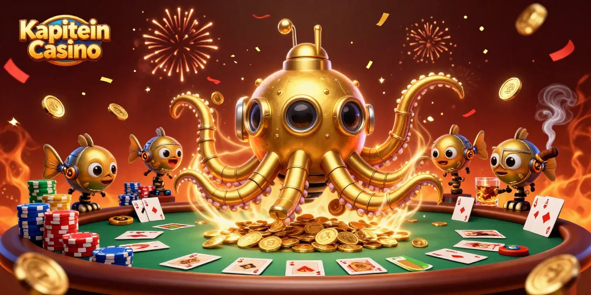 Kapitain Casino menghadirkan suasana meriah dengan kraken emas dan ikan mekanis di lautan koin emas.