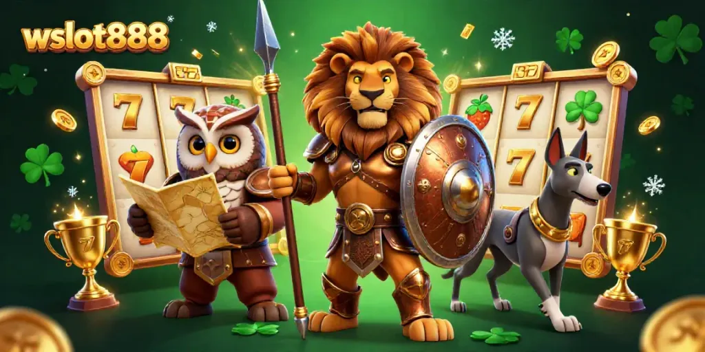 Putar slot di wslot888 dengan simbol keberuntungan dan karakter yang heroik.