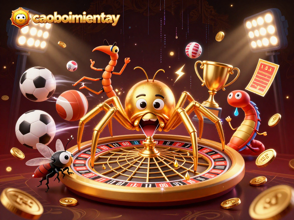 Experience the thrilling caoboimientay action with a golden spider, dynamic sports, and vibrant casino elements.