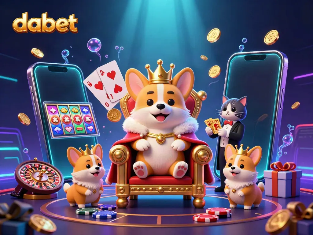 Engaging scene of dabet featuring a royal corgi on a throne of poker chips presenting an exciting gambling atmosphere.