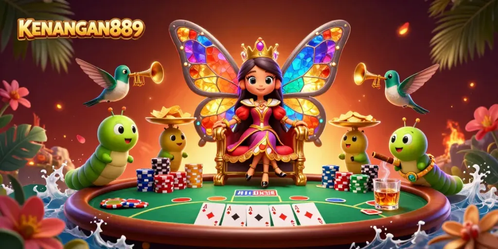 Experience the excitement of KENANGAN889 with a vibrant digital casino scene filled with action.