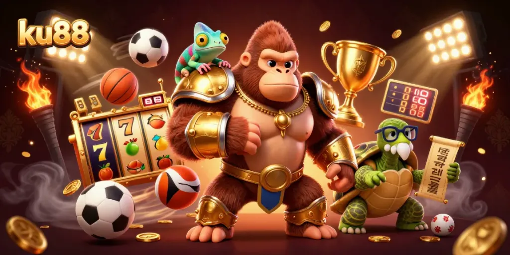 ku88 slots come alive with a mighty gorilla king, chameleon, and wise tortoise in a vibrant casino layout.