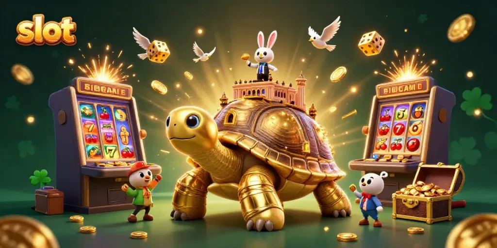 Slot yang menghibur dengan permainan mesin slot dan dealer kelinci dalam ilustrasi kasino 3D yang berkilau.