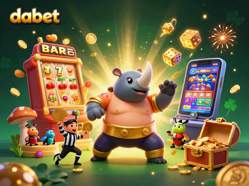 dabet players enjoying a vibrant cartoon-style casino scene filled with colorful gaming elements and rich prizes.