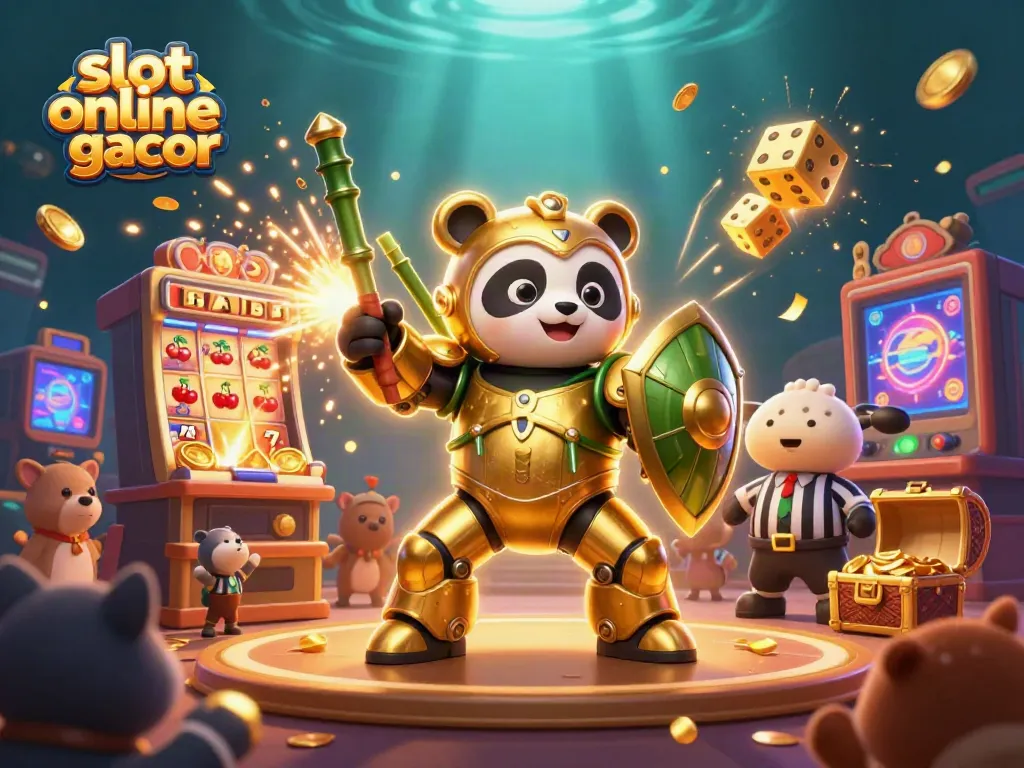 Gambarkan suasana menarik saat bermain slot online gacor dengan panda emas dan elemen kasino lainnya.