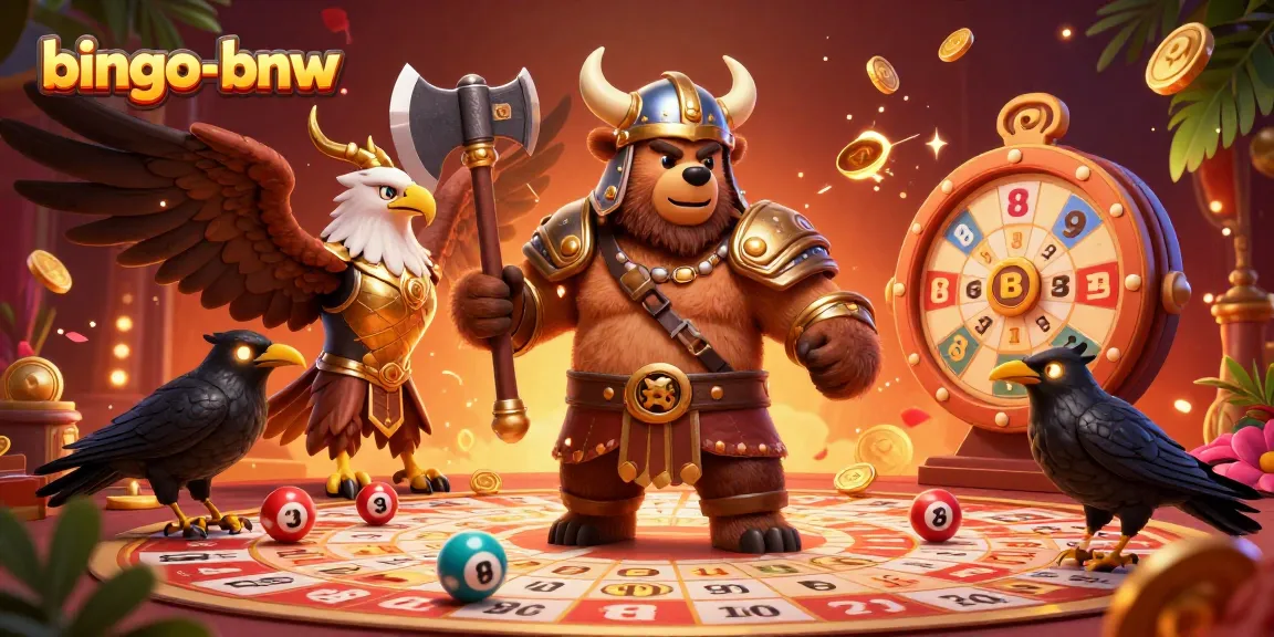 Play bingo-bnw with exciting 3D Viking characters and bingo elements in a vibrant hall.