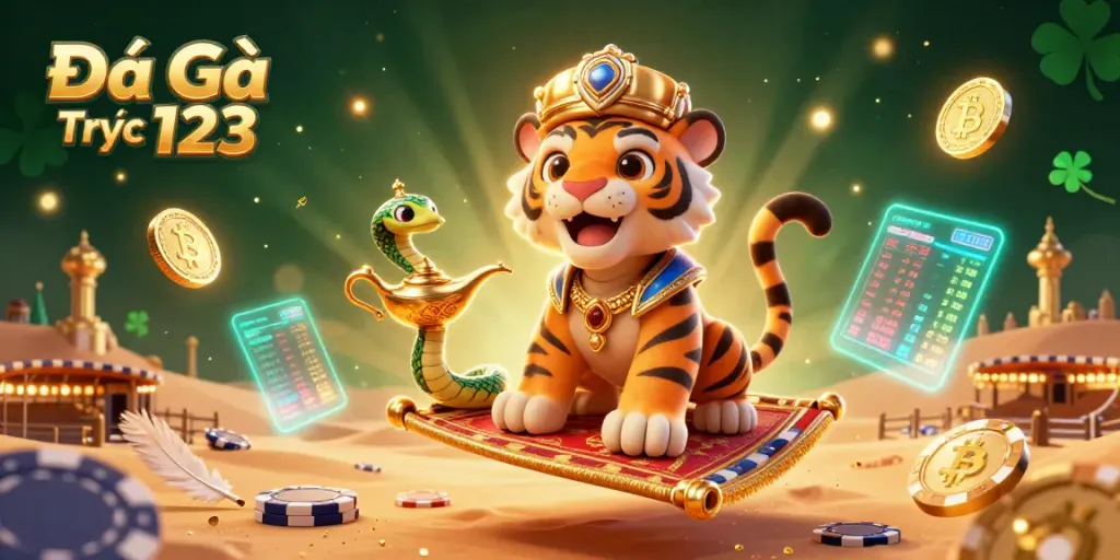 Experience thrilling Đá Gà Trực Tiếp 123 cockfighting action in a vibrant 3D illustration featuring a tiger sultan on a poker chip carpet.