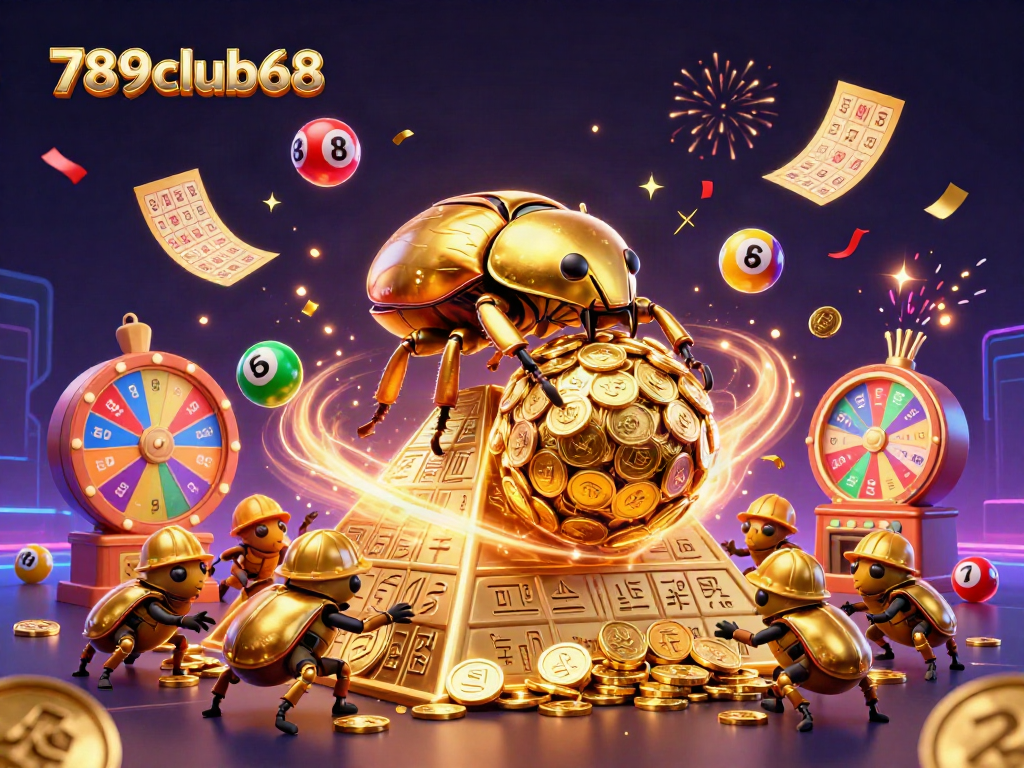 Experience the excitement of 789club68 with a vibrant 3D scene of golden beetles and lottery elements.