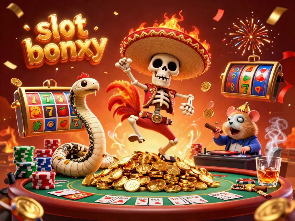 Celebrate the slot bonus with a vibrant 3D illustration of dancing characters surrounded by rich casino elements.